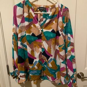 SSYS Multicolor Abstract Print Long-Sleeve Blouse in Teal & Magenta Size M